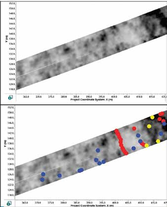 Figure 9: Depth slice (top) does not show any obvious linear utilities but after adding interpretations to all hyperbolas, including very weak ones, the interpretations reveal a utility that could easily have been missed (bottom).