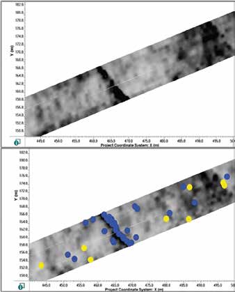 Figure 8: Depth slice showing a strong linear response from a utility (top) confirmed after adding interpretations (bottom).